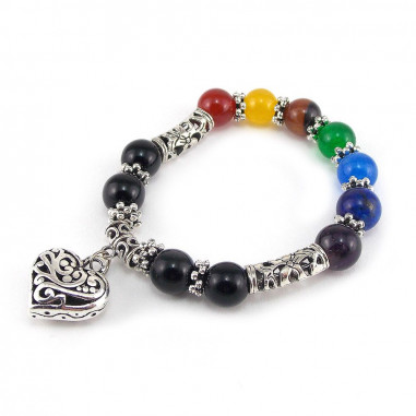 Bracelet Chakras perles multicolores coeur